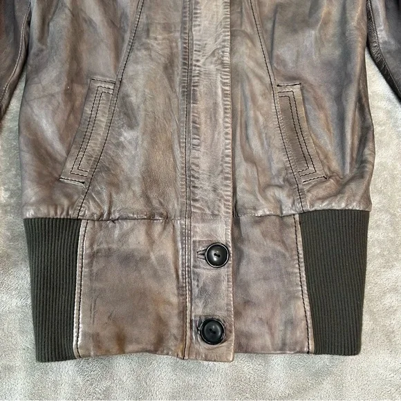 Women's Brown Leather Bomber Jacket with Ribbed Cuffs and Waistband - Picture 3 of 16